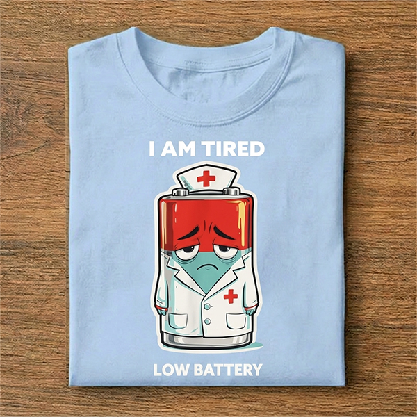 I Am Tired Low Battery Nurse Pun T-Shirt